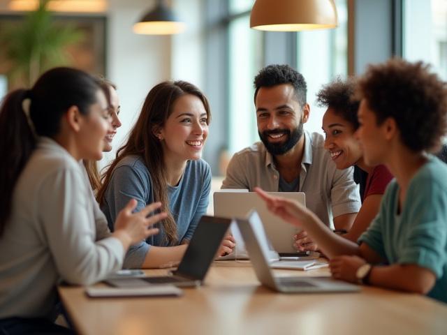 Diverse group of people collaborating around a table with MacBooks, discussing and sharing knowledge.