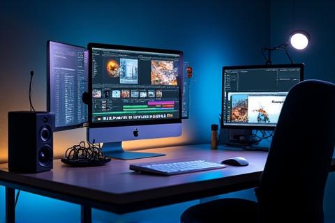 Mac Studio setup with multiple high-resolution monitors and creative software interfaces.