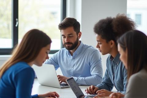 Team collaborating efficiently with MacBooks in a modern office environment.