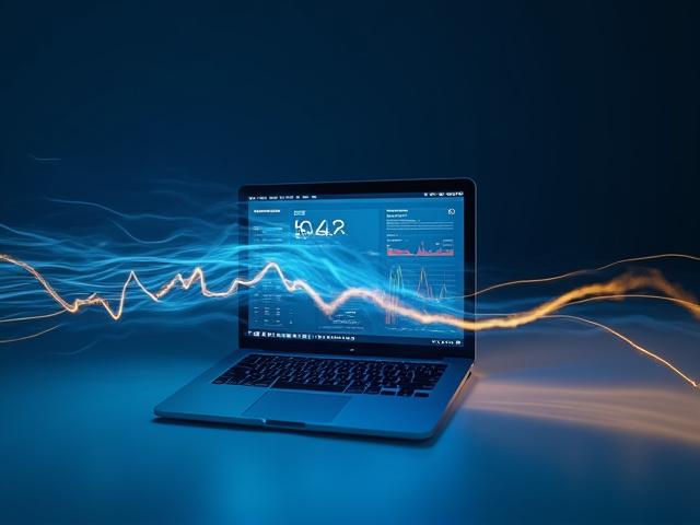 Stylized Mac laptop displaying performance metrics and speed icons, surrounded by dynamic light trails.